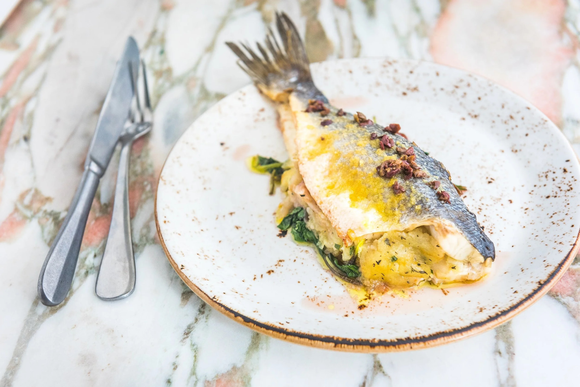 Whole roasted branzino
